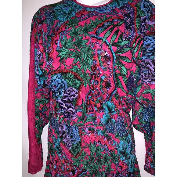 Diane Freis Vintage Maxi Dress W/ Sash Beaded Floral Print Size Medium /Large? - Picture 6 of 8